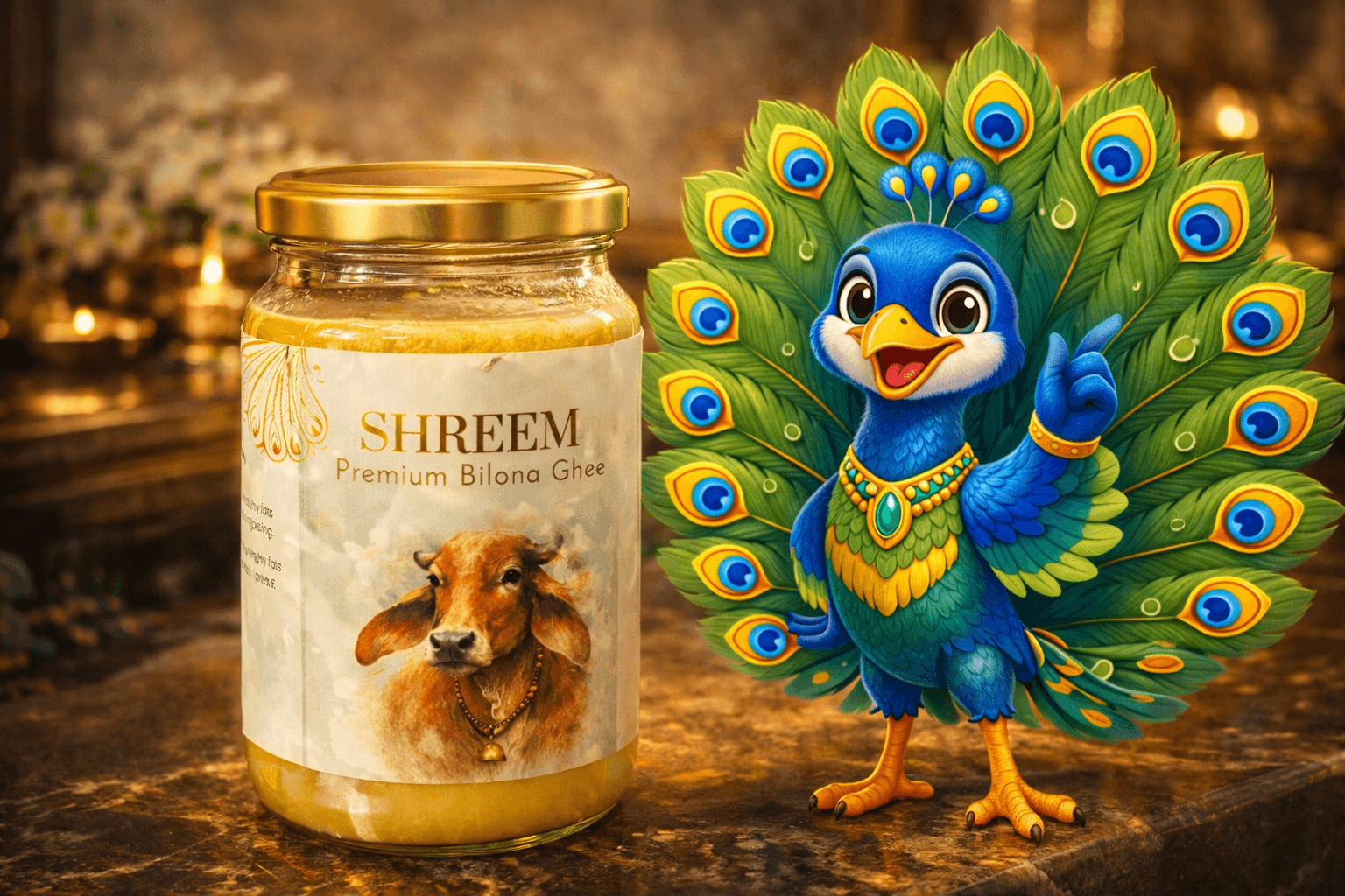 Illustrated Shreem gaushala hero scene with Gauri, Mayur, and bilona ghee