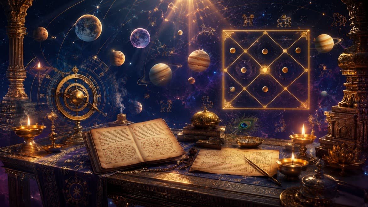 Astral Vedic astrology desk with planets, kundli chart, stars, and divine cosmic light